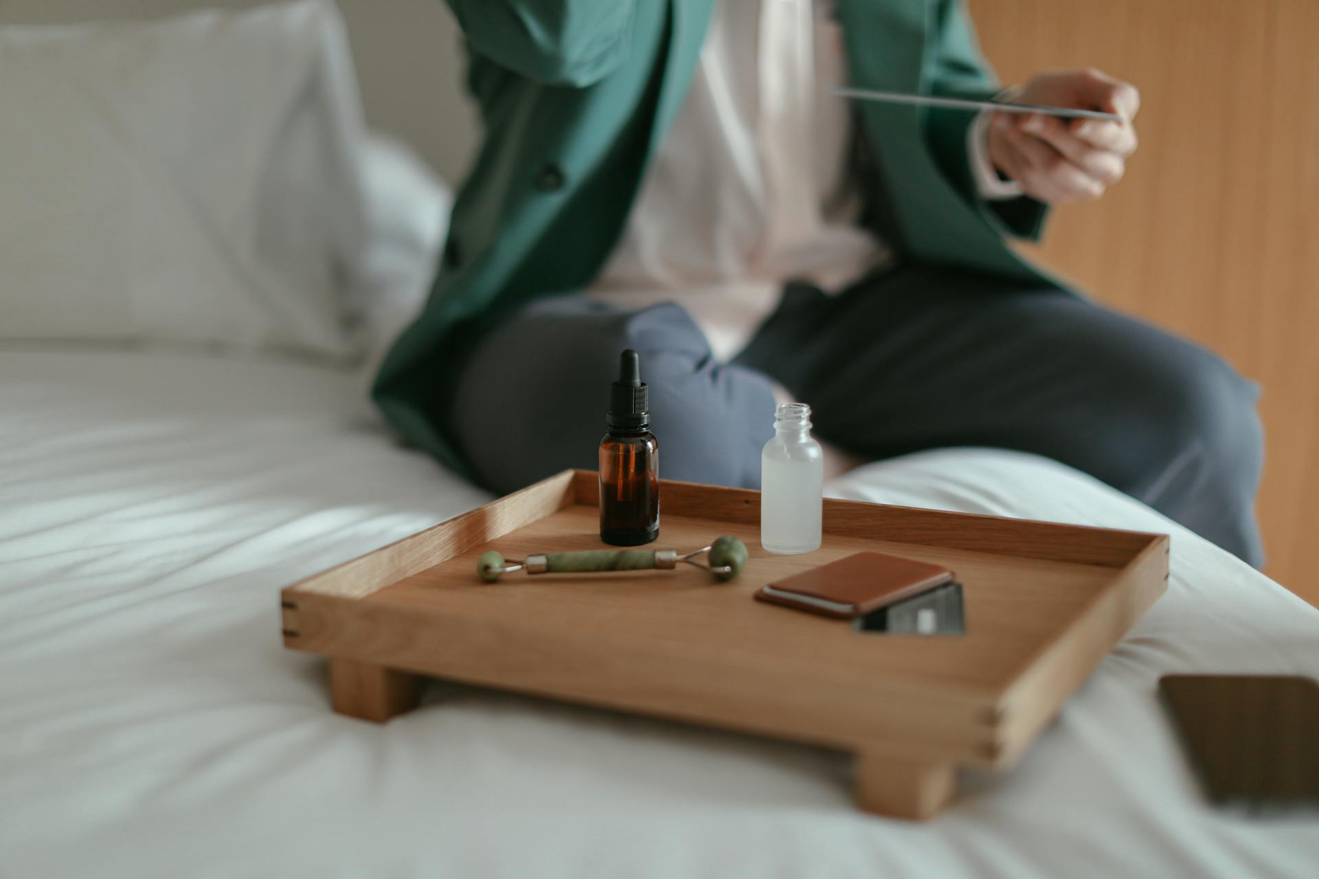 Cosmetics on Tray in front of Man during Beauty Care Routine