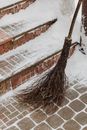 Brown Broom Leaning on Brown Brick Wall