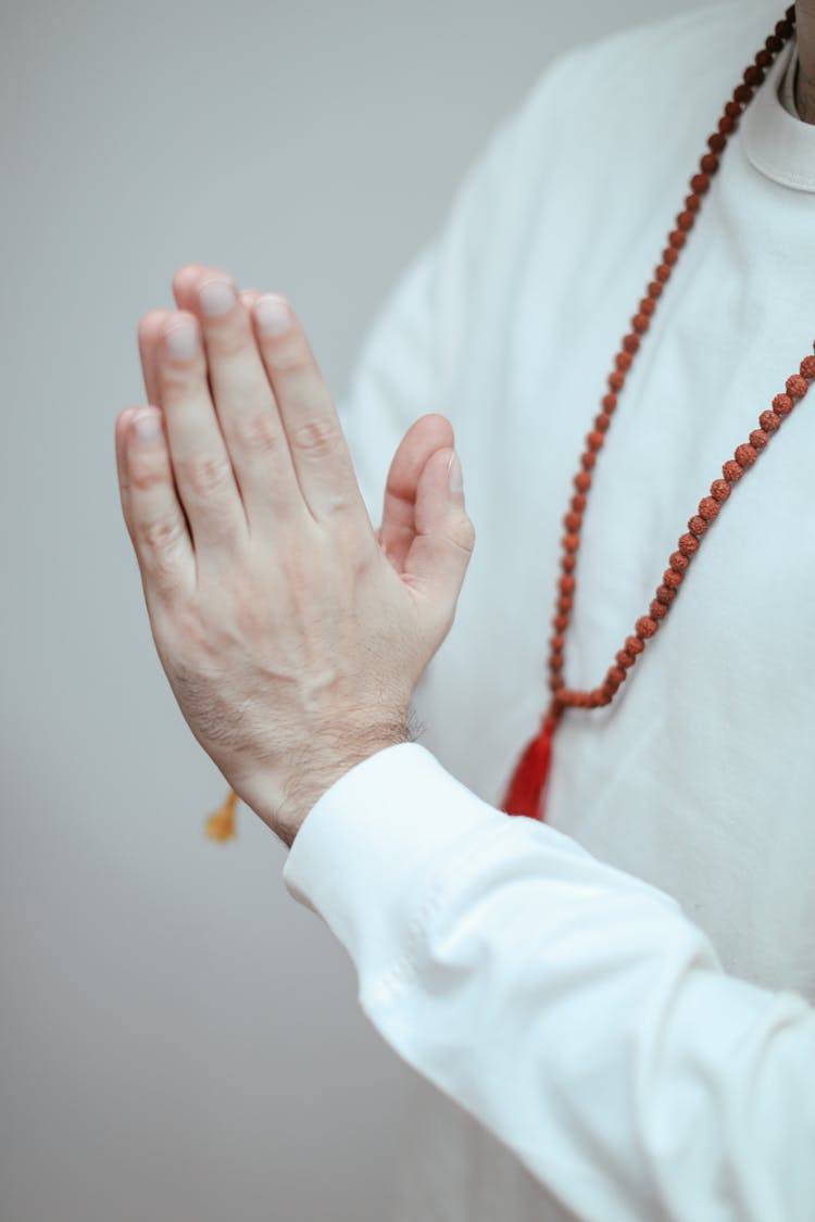 Person With Praying Hands Wearing Mala Beaded Necklace Gold Bracelet...