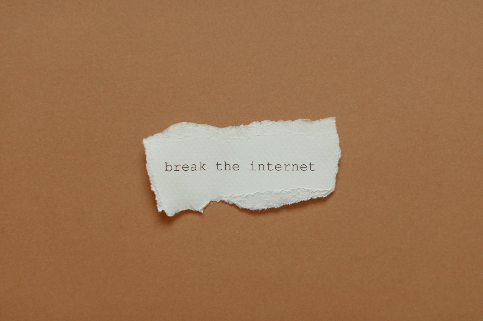 Minimalist torn paper with "break the internet" phrase on brown background.