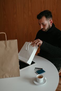 Man enjoying coffee break while checking shopping bags indoors at café table.