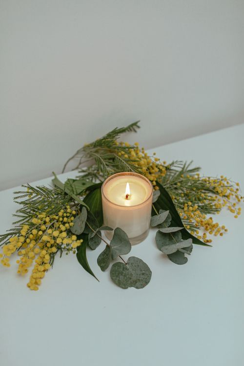 Free A cozy candle surrounded by yellow flowers and eucalyptus leaves on a white surface. Stock Photo
