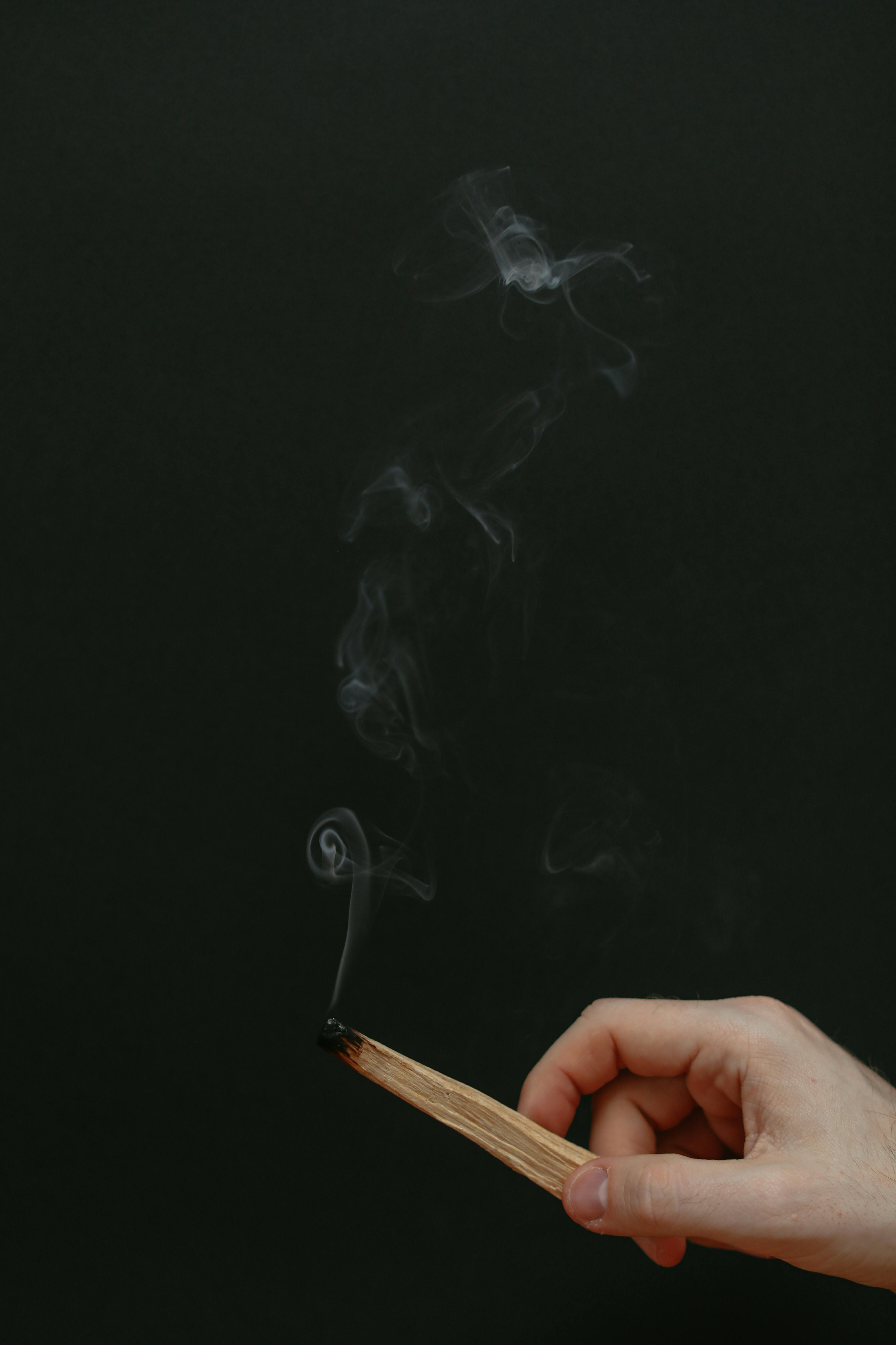 A hand holds a smoldering Palo Santo stick with visible smoke against a dark background.