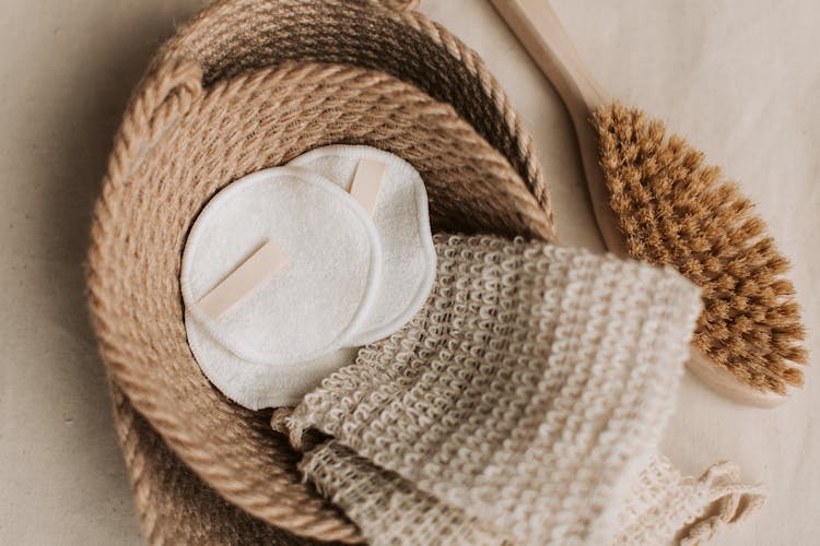 Hemp Washcloth And Cotton Pads In Braided Jute Basket