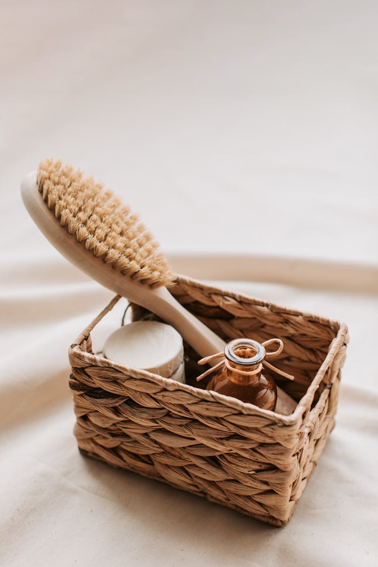 Woven Basket With Wooden Brush And Soap