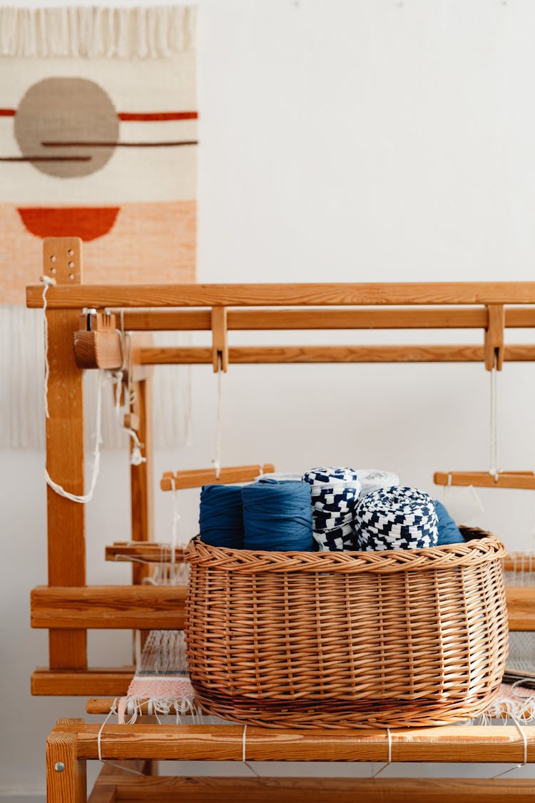 Wooden Basket Full Of Yarns