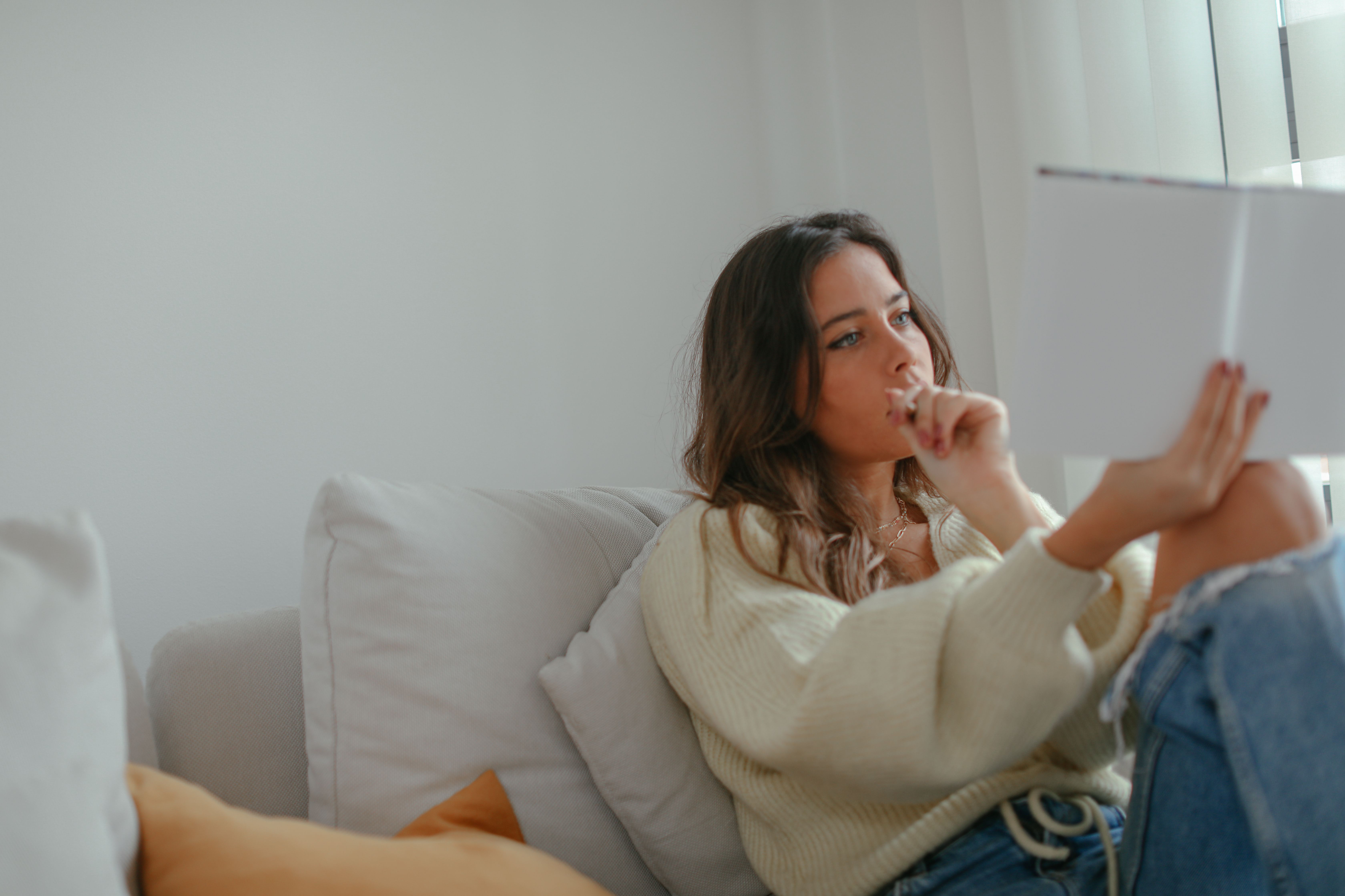 woman focused reading clear mind