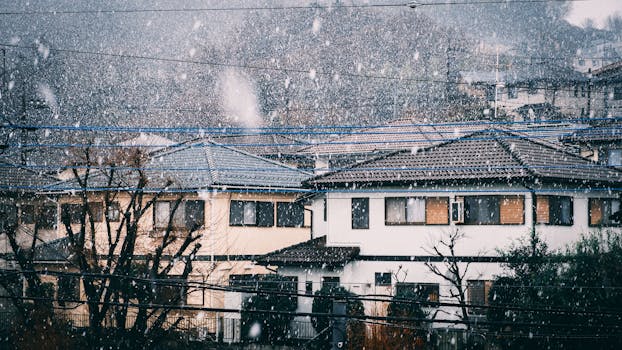 Facade of small houses and buildings in snowy city street near leafless trees in winter day