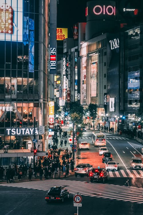Free Picturesque scenery of anonymous pedestrians walking on street in famous Shibuya district of Tokyo with various skyscrapers and business centers at night Stock Photo