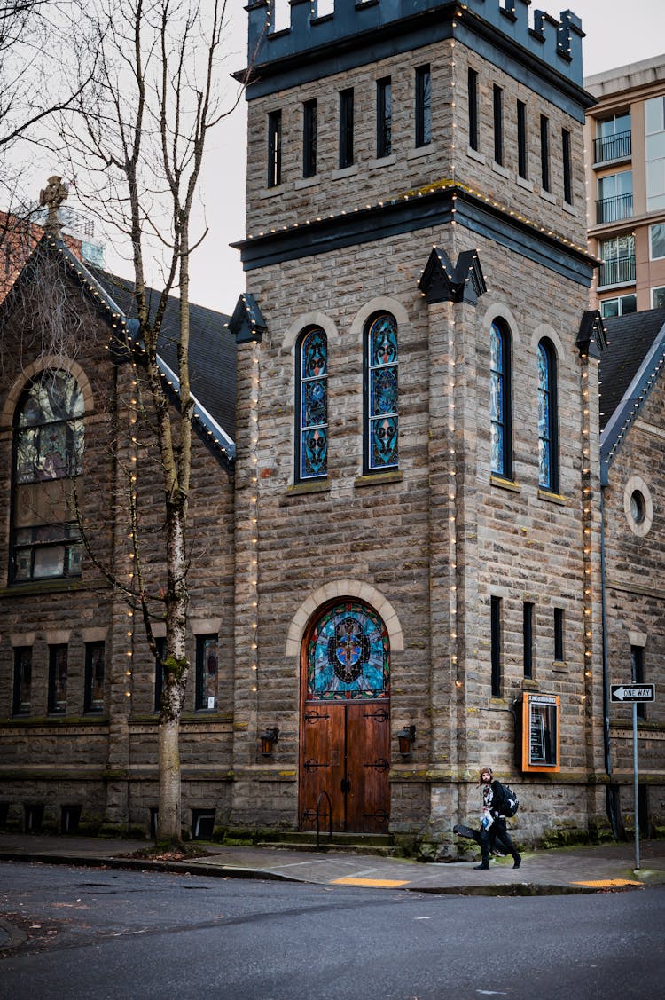 Facade Of Historic Lutheran Church On City Street