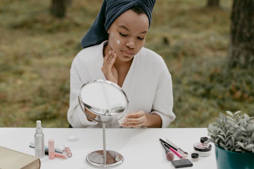 A woman applies facial cream outdoors, surrounded by beauty products and a mirror.
