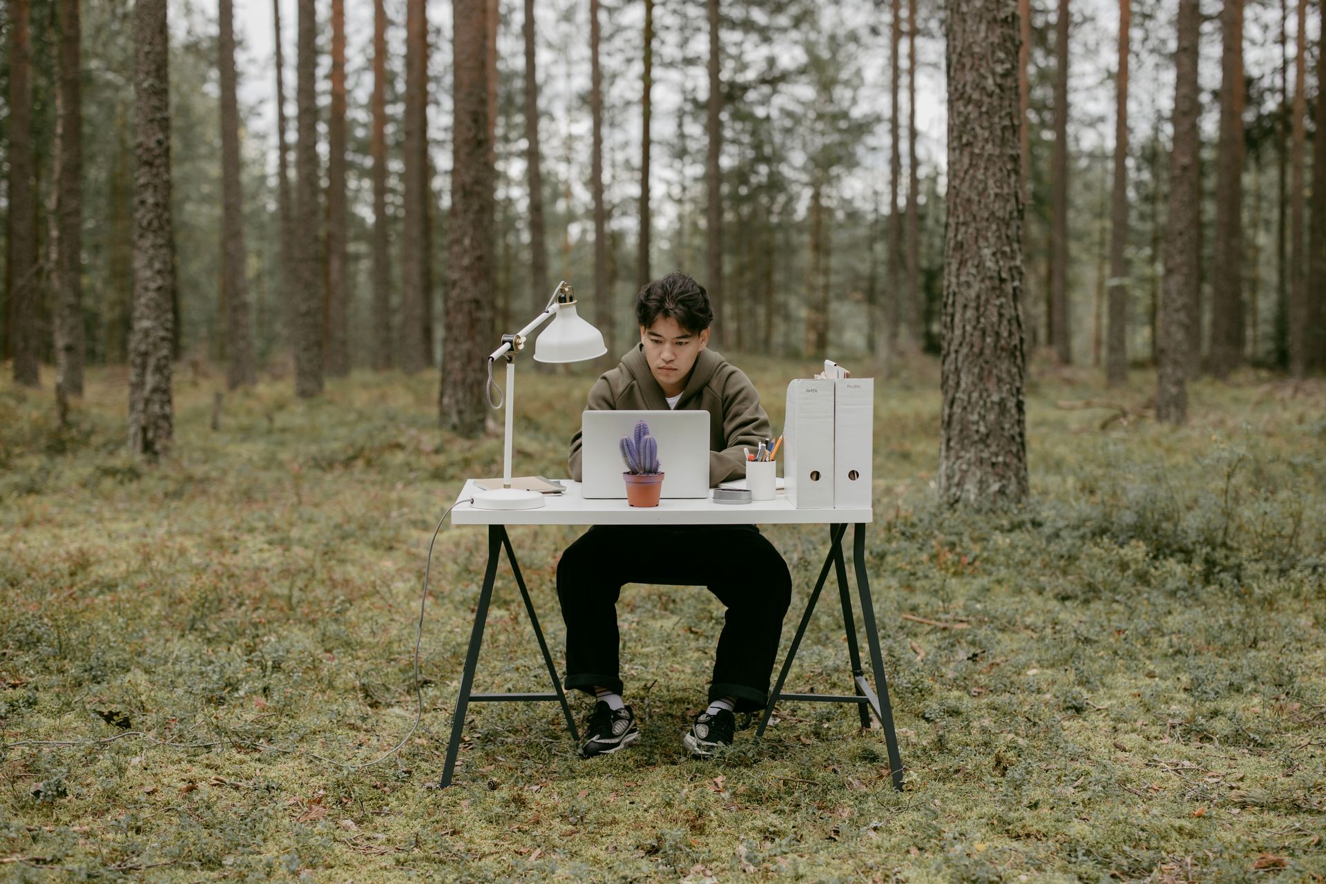 A young man works on a laptop at a desk in a serene forest, embodying the digital nomad lifestyle.