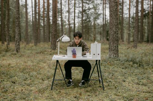Free A young man works on a laptop at a desk in a serene forest, embodying the digital nomad lifestyle. Stock Photo