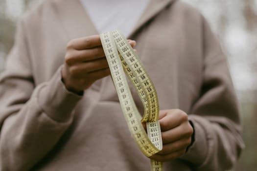 A person holding a measuring tape with blurred background outdoors.