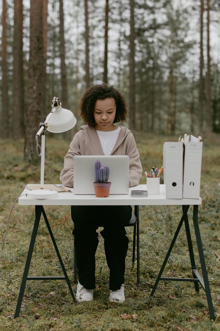 Woman Using Laptop Outside 