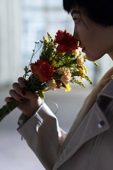 Profile of a woman in a leather jacket smelling vibrant flowers indoors.