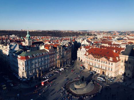 Beautiful aerial view of historic Old Town Square in Prague with stunning architecture and vibrant city life.