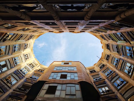 Low angle perspective of an urban residential courtyard with view of open sky.