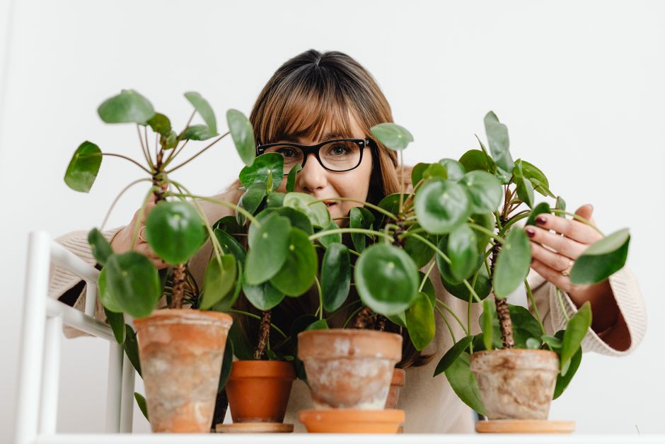 A woman with glasses enjoying her potted houseplants indoors, showcasing a love for gardening.