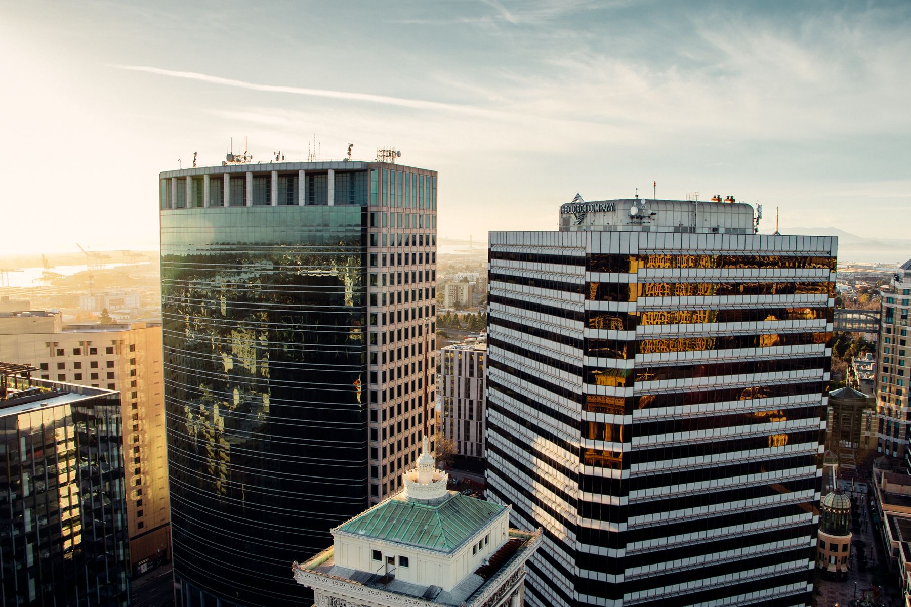 Office towers in a commercial district at golden hour