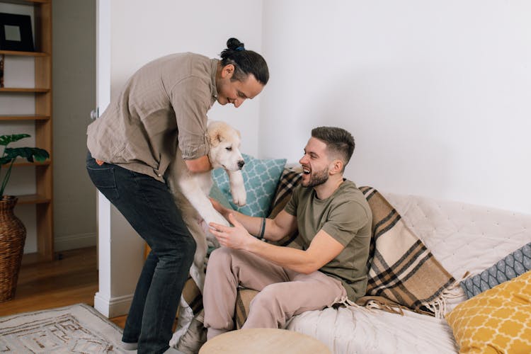 Men Petting Their Pet Dog