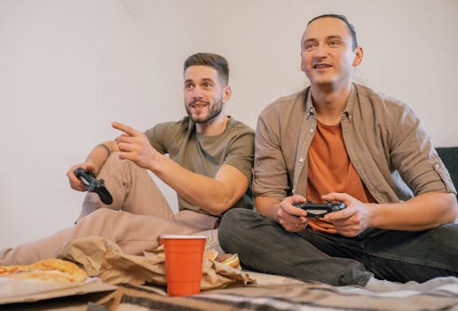 Two adult men sitting together playing video games with controllers, enjoying leisure time.
