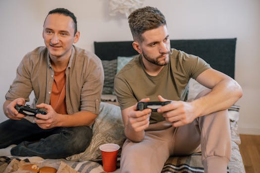 Two men sitting on a bed playing video games, enjoying a casual hangout.