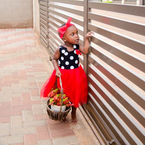 Little black girl in festive dress standing near metal fence