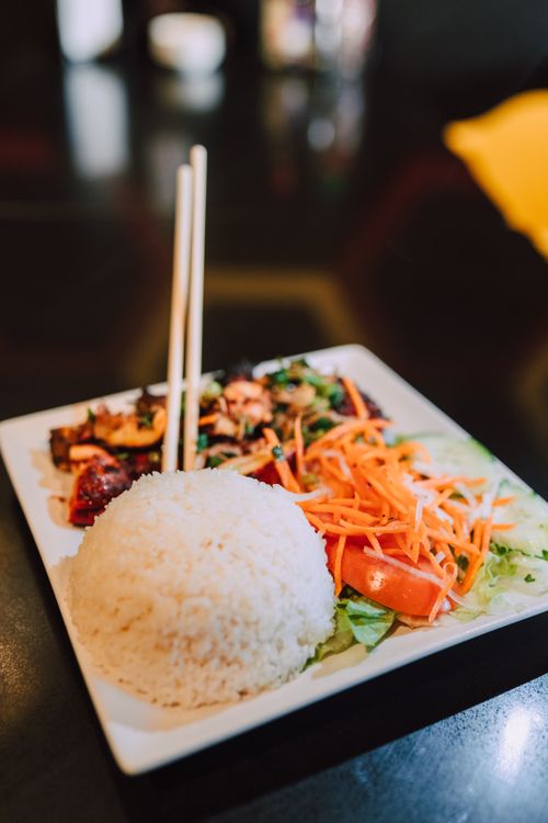 White Ceramic Plate With Rice and Meat Dish · Free Stock Photo