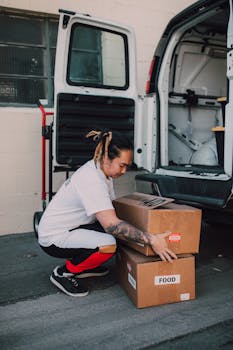 A man is unloading labeled boxes of food from a van, highlighting community aid.