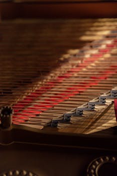 Thick piano strings in wooden piano with black and red strips in light sunny room
