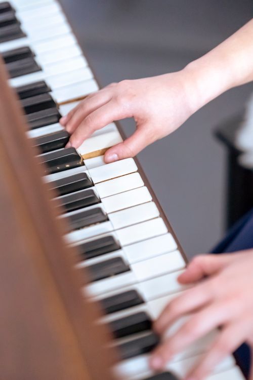 Free From above of anonymous female musician playing melody on keyboard of piano during music lesson in light room at home Stock Photo