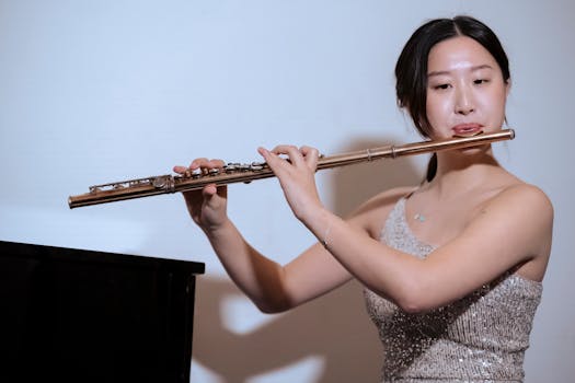 Young woman playing the flute with focus and skill during an indoor performance.