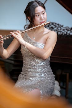 Skilled Asian female musician in trendy dress looking away while sitting near piano and playing flute in light room during rehearsal