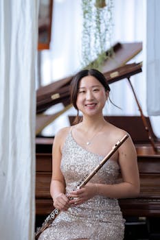 Happy Asian female musician in elegant dress looking at camera while sitting near piano in light room