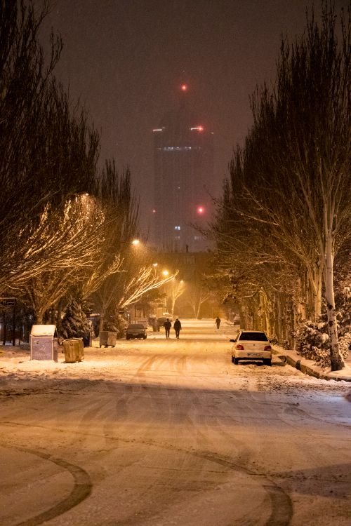 Free A quiet snow-covered street at night, surrounded by bare trees, with distant building lights. Stock Photo