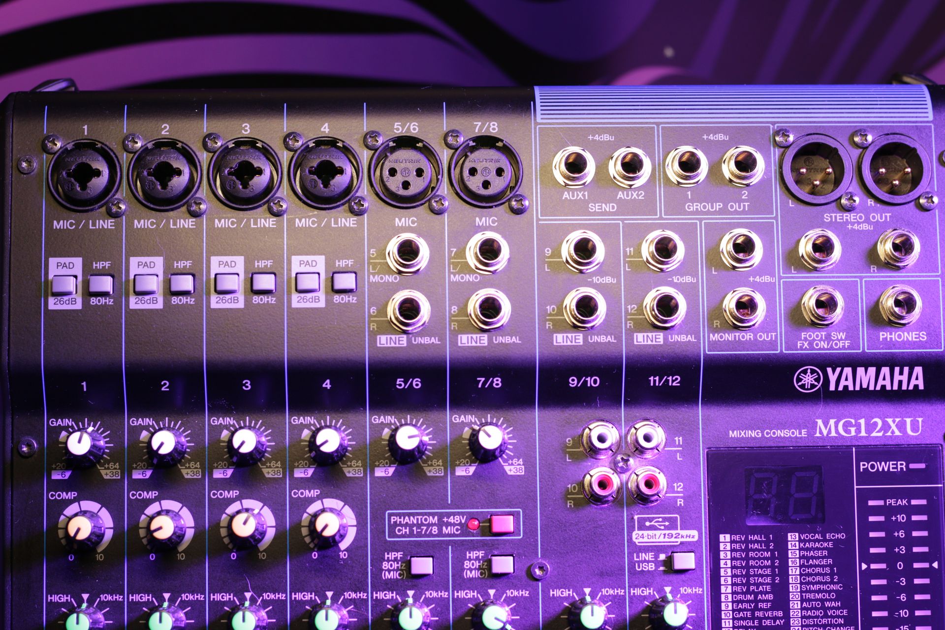 Detailed view of a professional audio mixer console with knobs and inputs, highlighted in studio lighting.