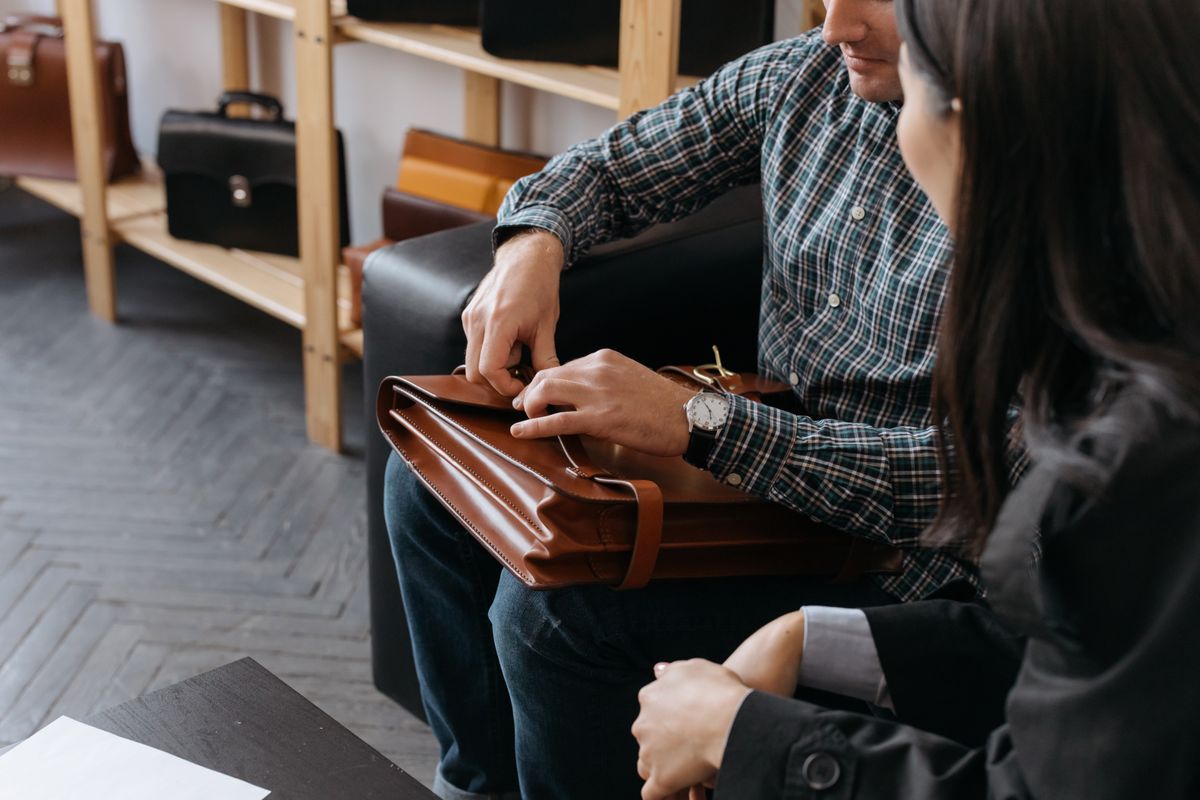 Brown leather briefcase in showroom