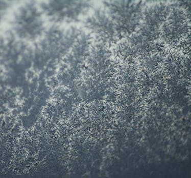 Close-up shot of intricate frosted ice patterns evoking a winter feel.