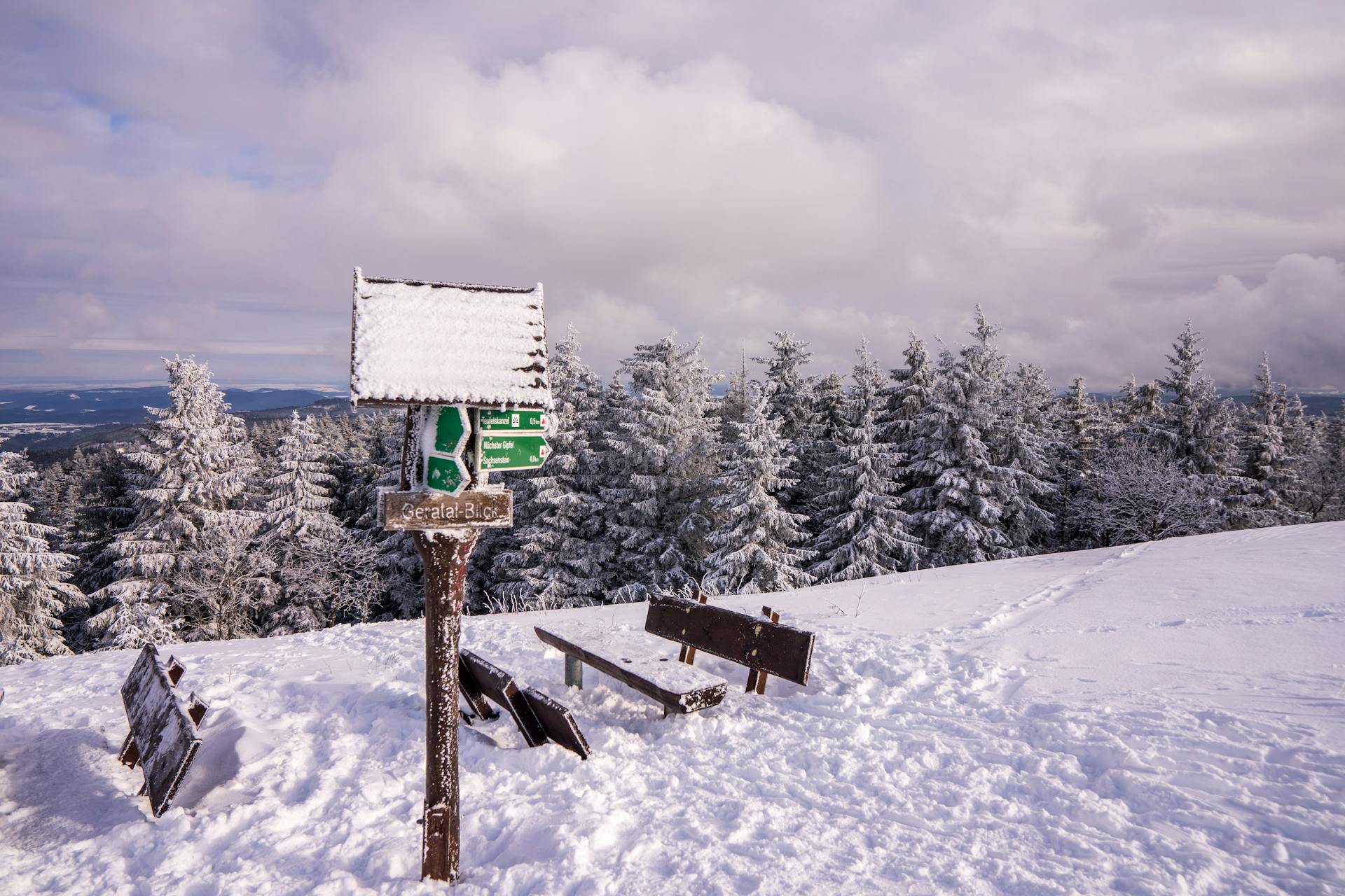 Serene winter landscape in Gehlberg, Germany with snow-covered benches and trees.