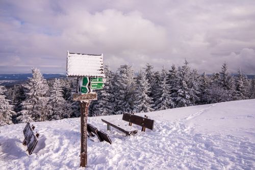Free Serene winter landscape in Gehlberg, Germany with snow-covered benches and trees. Stock Photo