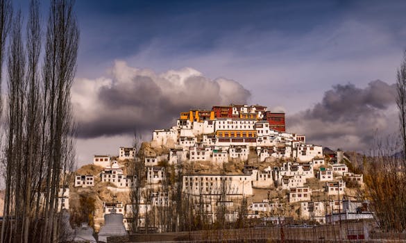 Stunning view of Thiksey Monastery under dramatic clouds in Leh, India.
