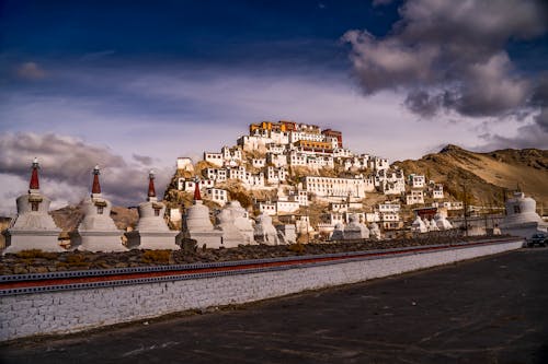 Tibetan Landscape with Traditional Architecture on a Mountain