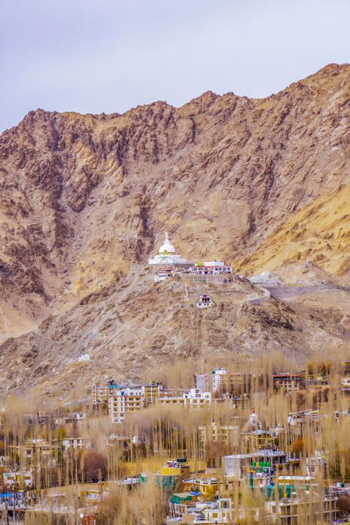 Free Panoramic view of Leh city nestled among the rugged mountains, featuring the Shanti Stupa. Stock Photo