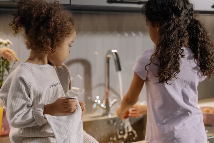 Back View Of Sisters Helping In Household Chore