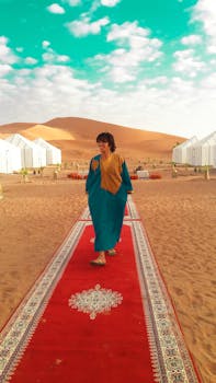 Experience a serene luxury camp in Morocco's Merzouga desert with Berber cultural elements.