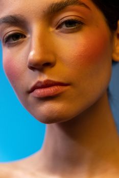 Elegant close-up portrait of a woman with natural makeup and subtle blush.