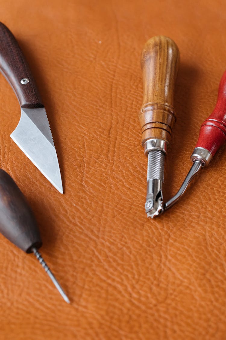 Close-Up Shot Of Leather Workshop Tools