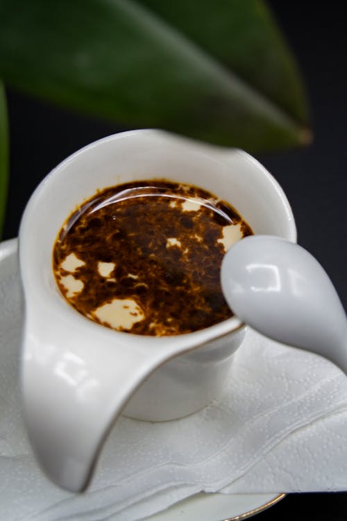 Ceramic gravy boat filled with sauce under plant leaf