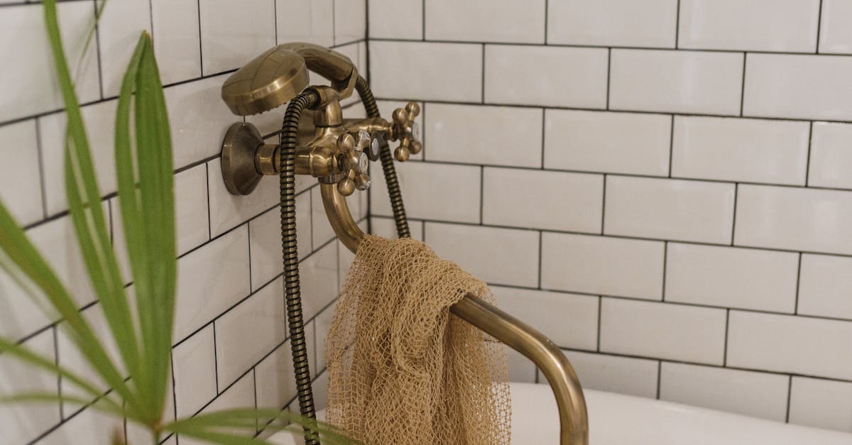 Stylish vintage brass faucet in a white tiled bathroom interior with a plant accent.